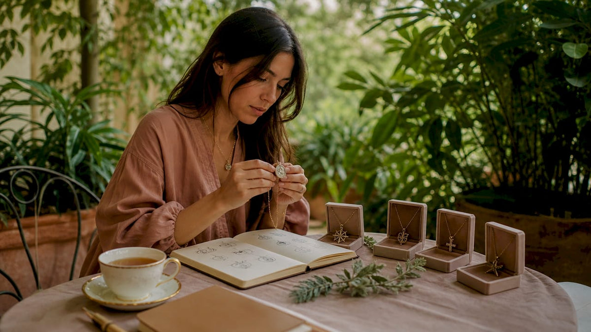Woman examining symbolic jewelry pendants at table